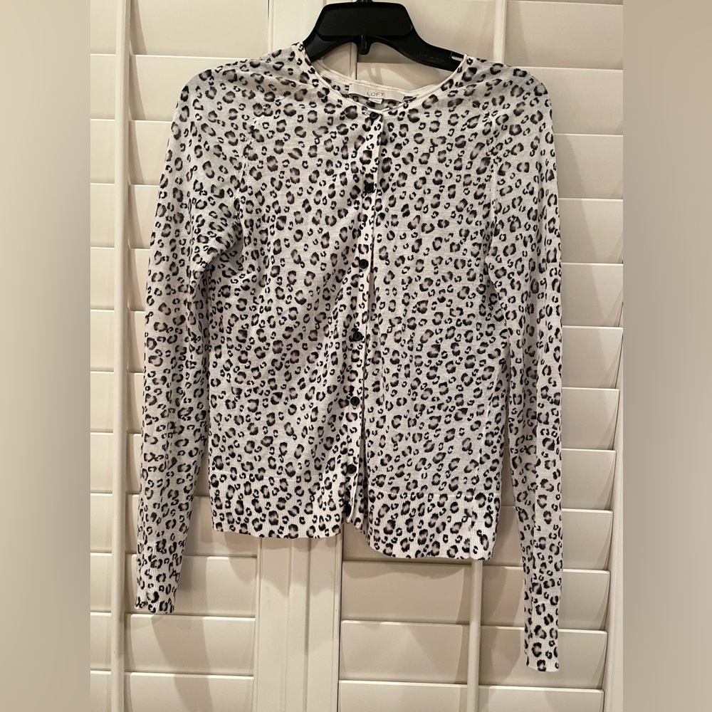 LOFT White and Black Leopard Print Cardigan